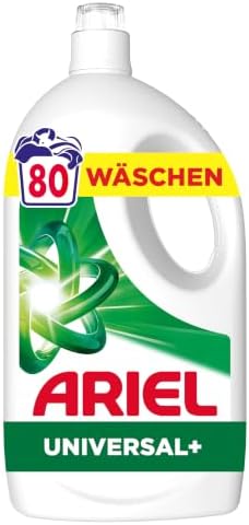 Ariel Flüssigwaschmittel Universal+, 80 Wäschen, Waschmittel flüssig | Mit Fleck-Weg-Power beim 1. Waschen und zuverlässiger Reinigung auch in kaltem Wasser.
