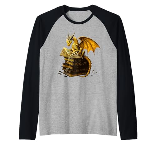 Drago Giallo Lettura Libro Fantasy Reader Bookworm Libri Maglia con Maniche Raglan