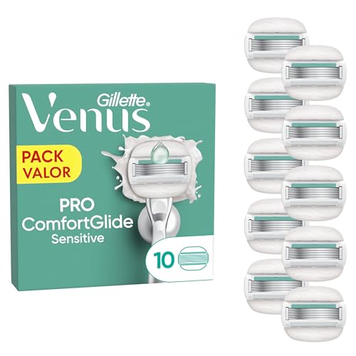 Gillette Venus Pro ComfortGlide Sensitive Recambios Para Maquinilla De Mujer, Pack De 10 Cuchillas De Recambio Con 5 Hojas y Banda Lubricante Con Aloe Vera, Depilación Suave, Apurada Y Duradera
