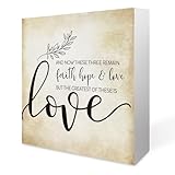 Inspirational Bible Verse 1 Corinthians 13:13 Faith Hope and Love Wooden Box Sign Scripture Desk Decor Rustic Scripture Wood Block Plaque Box Sign for Home Office Shelf Table Decoration