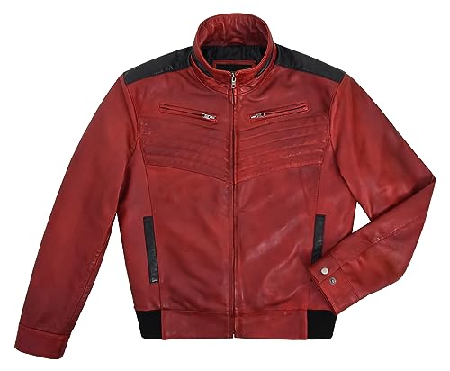 Men's Bomber Real Leather Jacket Red Black Biker Motorcycle Blouson Style Jacket 90152