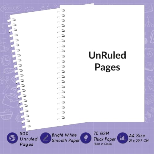 Image of amblitz Spiral Notebook | UnRuled | 500 Pages | A4 Size - 21 X 29.7 CM | 70 GSM Thick Paper | Notebook for Student