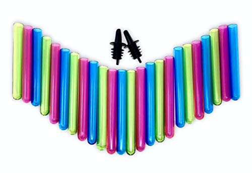 24 Neon Test Tube Shot Glasses with 2 BONUS Liquor Pourers for Spill