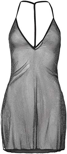Leg Avenue Robe Débardeur en Lurex Brillant Fendue sur Côté avec Dos en Y Noir Argent Taille S