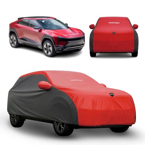 Image of PROTEGO Prime Series India's 1st Anti-Tear Car Cover for Mahindra BE 6E | Heavy Duty, Custom Fit, All Weather Protection | 100% Waterproof, Windproof & Hail Resistant | 2 Year Warranty | Red + Black