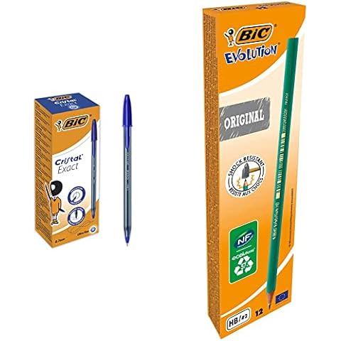 BIC Cristal Exact Bolígrafos Azules con Punta Fina y Caja de 20 Unidades + Evolution HB Lápiz con Mina Irrompible de 12 Unidades Cover