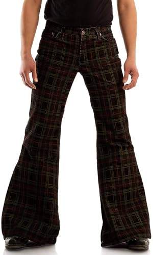 Men's Checked Corduroy Vintage 70s Bell Bottom Stretch Fit Classic Comfort Flared Flares Retro Leg Disco Pants Trousers