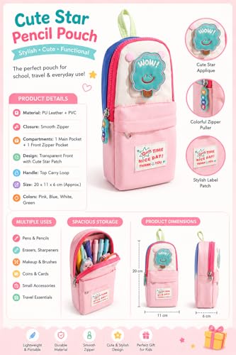 Image of Kawaii Cute Aesthetic Pencil Case for Students | Large Capacity Multi-Pocket Pencil Pouch with Zipper | Cartoon Stationery Organizer Bag for School, College & Office Supplies (Good Time - Pink)