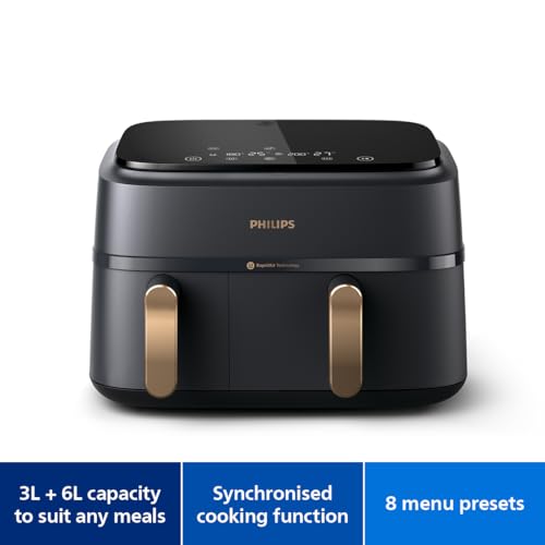 Image of Philips Dual Basket Air Fryer 3000 Series, 9L, 2 Drawers, Synch Function, Rapid Air Technology, Versatile Large Hot Air Fryer, 90% Less Fat and Energy Saving, HomeID App (NA352 /00)