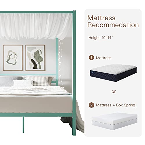 Ikalido Queen Size Metal Canopy Bed Frame, Modern Four-Poster Platform Bed Frame, Mattress Foundation With Wood Slat Support/Under-Bed Storage Space/No Box Spring Needed/Green #TOP7