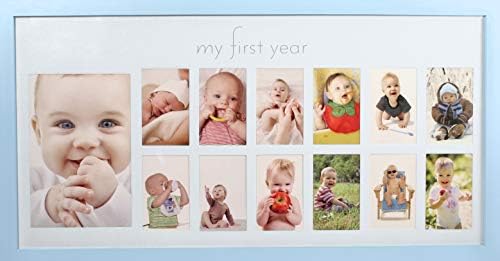 Baby's First Year Frame in Elegant Blue Natural Wood - My First Year Baby Boy Picture Frame for Photo Memories