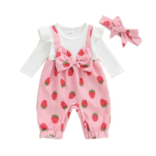 Grenouillère nouveau-né fille anti-froid en velours côtelé à fraises avec bandeau pour l'hiver