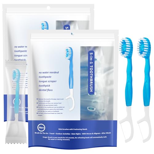 Malisseladi 5 in 1 Mini Brushes-Disposable Toothbrushes with Toothpaste + Floss + Pick + Tongue Scraper | Travel Size | Individually Wrapped | Soft | Mint | Travel Set (Mint, 26 pcs)
