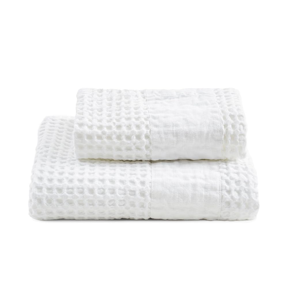 BIANCOPERLA Set Asciugamani da Bagno per Viso e ospite Nido d'Ape in Cotone e Lino Bianco Bianco