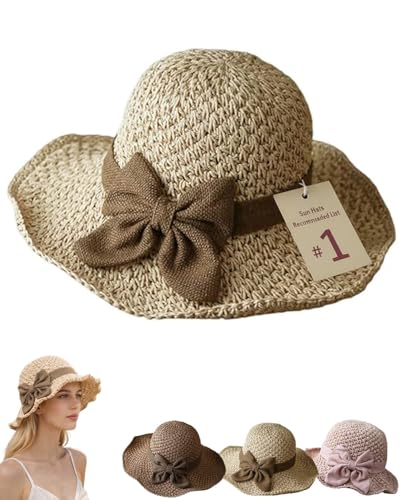 Versatile Retro Woven Handmade Straw Beach Hat with Ruffled Bow Women French Bucket Sun Hat Crochet Foldable Breathable(Beige)