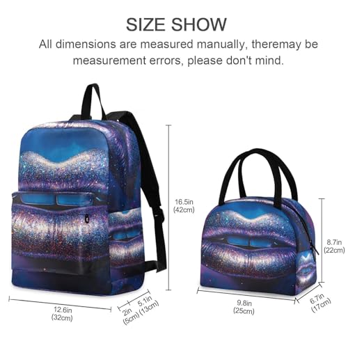 Backpack Lunch Bag Set Abstract Lip Print, Big Storage Travel Backpacks with Insulated Lunch Box for Office Hiking Picnic2