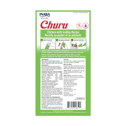 INABA Churu Cat Treats, Lickable, Squeezable Creamy Purée Cat Treat with Green Tea Extract & Taurine, 14 Grams Each Tube, 24 Tubes (4 per Pack), Chicken with Scallop Recipe - Image 4