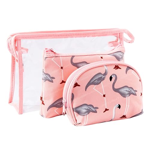 FunBlast Flamingo Makeup Bag – Pack of 3 Pcs Pouch with Zipper Lock, Portable Travel Makeup Cosmetic Bags, Travel Kit Bag, Money Purse, Handbag for Girls & Women (Peach)