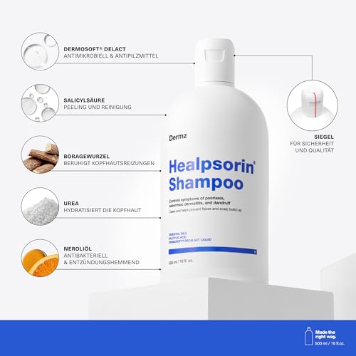 Healpsorin Shampoo - Pflegendes Kopfhautshampoo für schuppige, empfindliche & trockene Kopfhaut - Mit Salicylsäure, Urea & DERMOSOFT® DECALACT - Steroidfrei - 500ml