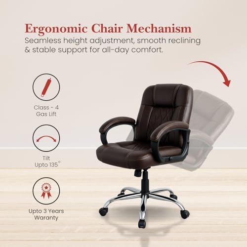 Image of activa Ergonomic Office Chair with Premium Leatherette & Padded Seat | Adjustable Height | Desk Chair for Work /Study | Chairs for Workstations (Galaxy, Coffee)