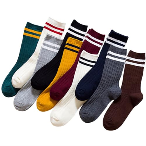10 Pairs Womens Striped Crew Socks Vintage Striped Crew Socks Fashion Retro Long Socks For Women and Men,Random Color