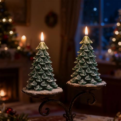 Image of Wondise Christmas Tree Flameless Candles with 6H Timer, 2 Pcs Real Wax Battery Operated LED Candles Flickering, 3D Wick Green Electric Candles for Christmas Holiday Decorations