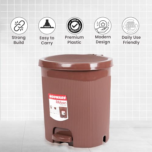 Image of MODWARE Premium Plastic Pedal Dustbin with Removable Bucket, PP Polypropylene, Hands-Free, Grey, for Kitchen, Office, College (Brown)