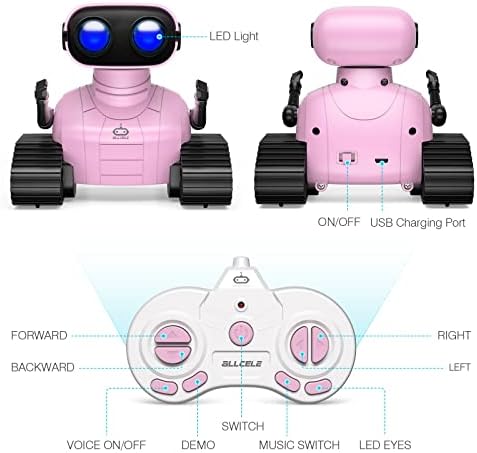 ALLCELE Robot Toys, Rechargeable Kids RC Robots for Girls & Boys, Remote Control Toy with LED Eyes & Music, for Children Age 3+ Years Old - Pink