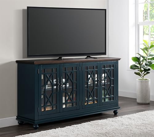 Image of Elegant Wood TV Stand for 50 inch, 55 inch, 60 inch, 65 inch TVs, Entertainment Center with Doors, Adjustable Shelves, Storage, Media Console, Sideboard, Hallway Accent Chest Dark Blue and Brown 63 inch W x 18 inch D x 35 inch H