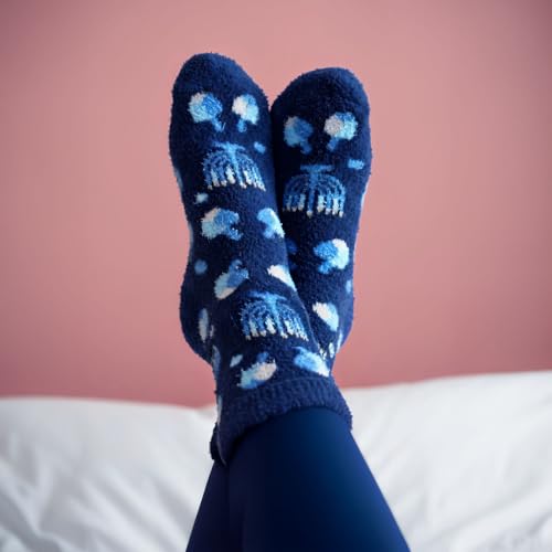 Image of Menorah Hanukkah Fuzzy Socks - Cozy Winter Holiday Crew Socks Unisex Size 10-13 - Soft Festive Blue Menorah with Dreidels - Perfect Warm Gift for Chanukah Celebration Jewish Holiday Party Favors