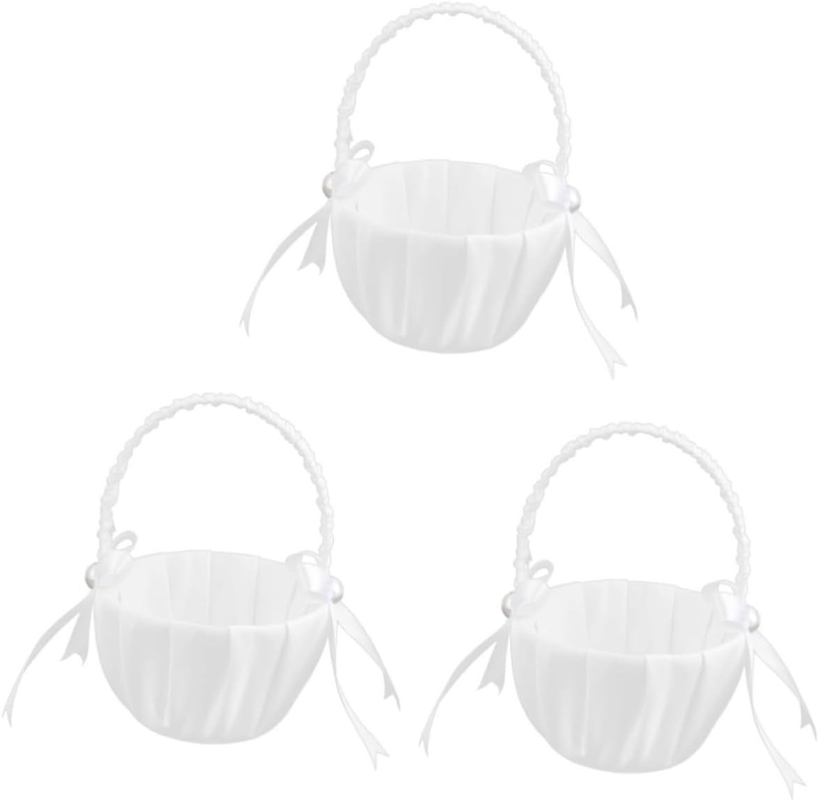 Ciieeo 3pcs Flower Girl Basket Satin Wedding Faux Pearl Decorative Bowknot Present