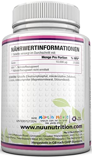Biotin hochdosiert 10.000 mcg - 365 Vegane Tabletten - Für Haarwuchs, Haut & Nägel - Volle Jahresversorgung - Nahrungsergänzungsmittel von Nu U Nutrition
