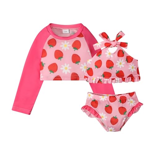 5t Girls Clothes Swimsuit Summer Fruit Print Sun Protection Long Sleeve + Bikini Set 3 Piece Pink 5-6 Years Old