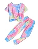 Flypigs Tie Dye Set for Girls Twist Front Sweatshirts and Sweatpants with Pockets Cute Active Clothing Sets 10-12 Years