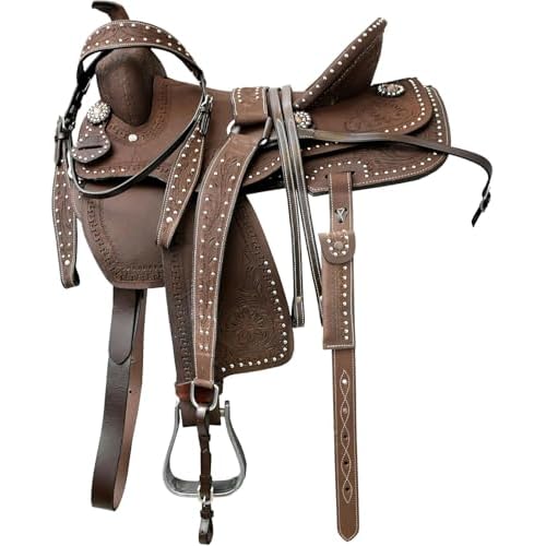 Royal Reins Brown Leather Western Barrel Saddle – Durable, Comfortable & Balanced Riding Tack with Matching Headstall & Breast Collar Set (15 Inch)