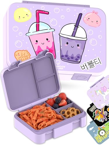 Image of BEARFOOT Kids Lunch Box with Compartments - Compact & Lightweight | Leak-Proof, BPA-Free, Dishwasher Safe | Hand-Drawn Design for Preschool, School, Travel (BubbleTea Purple, 4 Cups)