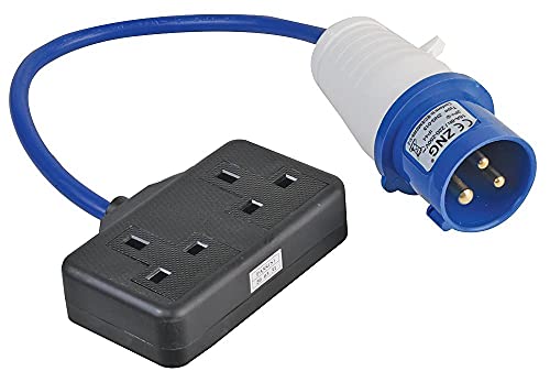 PRO ELEC PELB0139 13A UK Mains Socket to 16A CEE Plug Extension Lead 2Gang 350mm Blue