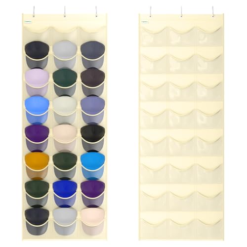 Unjumbly Baseball Hat Rack, 24 Pocket Over-The-Door Hat Organizer with Clear Deep Pockets to Display Baseball Caps Collection, Complete with 3 Over Door Hooks (Beige, 24 Pockets)