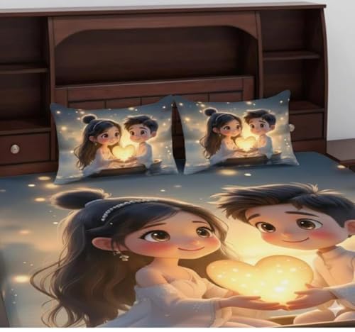 Image of Premium 7D Digital Printed Cotton Flat Bedsheet (90 X 100) Inch with 2 King Size Pillow Covers -300 TC Fabric, Design & Superior Comfort Double Bedsheet for Double Bed (Blue - Couple Pattern 2)