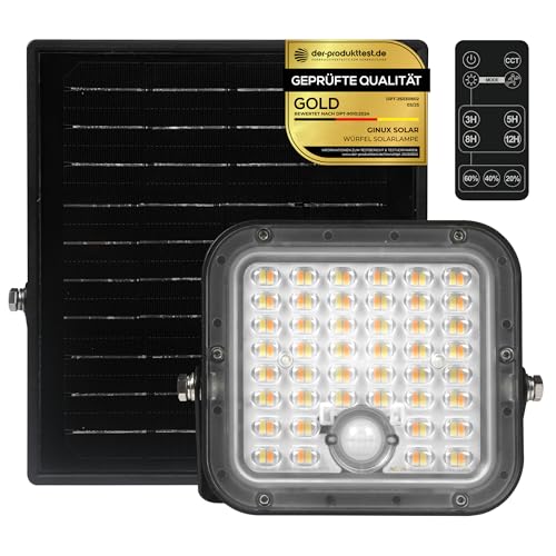 GINUX® Solarlampen für außen mit Bewegungsmelder - Solar Wandleuchte aussen und innen mit Superhellen LEDs, PIR-Sensor, 2 LED-Farben und Fernbedingung, Solar LED Strahler für Garten (Würfel 100W)