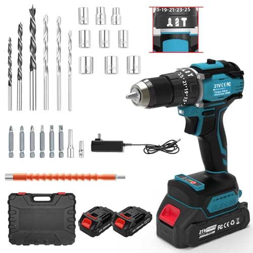 21V Cordless Drill Set, 50Nm, 2 Batteries, 29 Accessories