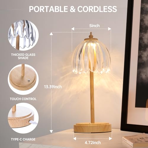 Image of Shenmoyl Tulip Table Lamp with 5200mAh Battery & Touch Control, Small Cordless Table Lamp with 3 Colors, Rechargeable Battery Operated Table Lamps for Bedroom, Desk, Bedside (Transparent-Beech Color)