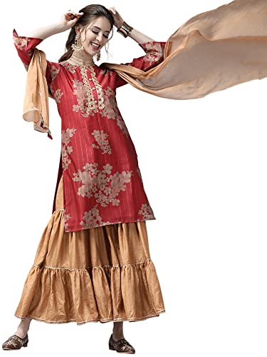 Image of INDO ERA Women's Poly Chanderi Printed Straight Kurta Sharara With Dupatta Set(21AAA2370)