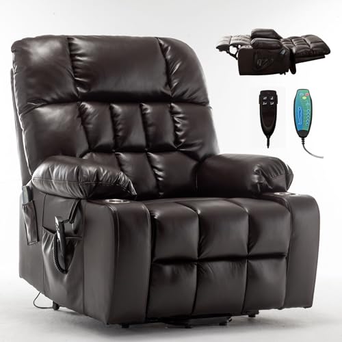 RHHVVR Oversized Power Recliner Chair for Big and Tall 400 LBS, 25.5" Extra Wide Electric Lift Chair with Heat and Massage, Dual Motor 180° Lay Flat Recliner Living Room Sofa, PU Leather Big Recliner