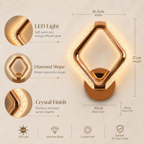 Image of fizzytech Crystal LED Wall Light, Modern Gold Finish Decorative Wall Lamp with 3 Colour Changing Modes for Living Room, Bedroom, Hallway & Home Decor (Diamond, Pack of 1)