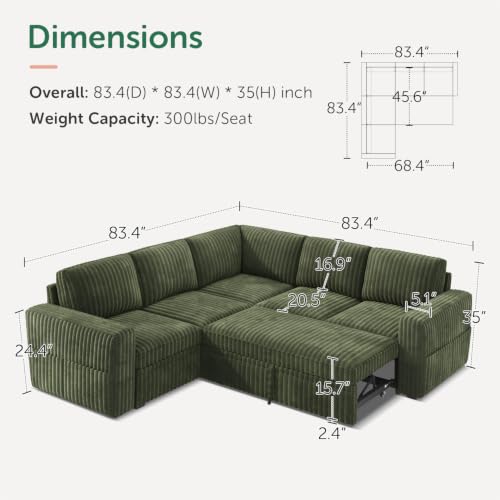 Image of HONBAY Modular Sectional Sleeper Sofa with Pull Out Bed,Corduroy L Shaped Couch with Storage, Sectional Couches for Living Room,Green