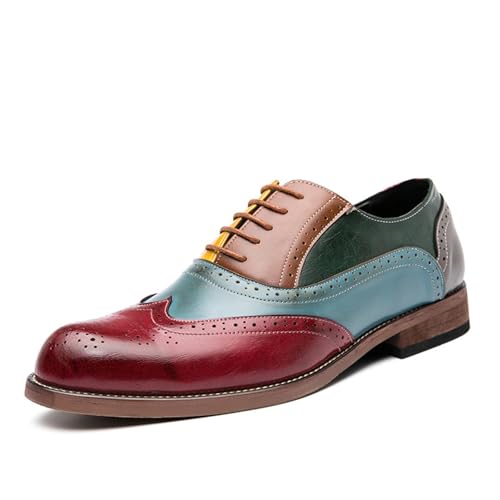 Image of Mens Two Tone Faux Leather Lace Up Brogue Oxford Shoes Classic Wingtip Loafers Low Top Flat Party Formal Business Derby Dress Shoes