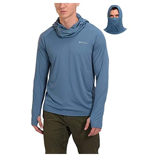 PRETCHIC Men's Sun Protection Fishing Shirt SPF Long Sleeve Workout Hoodie with Mask Blue L