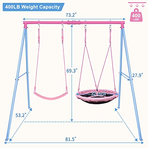 Image of Lunafun Swing Set, 440lbs, Heavy-Duty A-Frame Metal Outdoor SwingStand, 1 Saucer & 1 Belt Swing seat for Playground, Backyard Pink