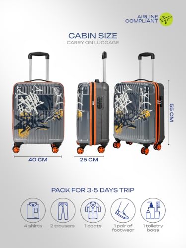 Image of Safari Scrib Cabin 8 Wheels 55cm Carry on Trolley Bag Hard Case Polycarbonate 360 Degree Wheeling System Luggage, Trolley Bags for Travel, Suitcase for Travel, Grey Printed